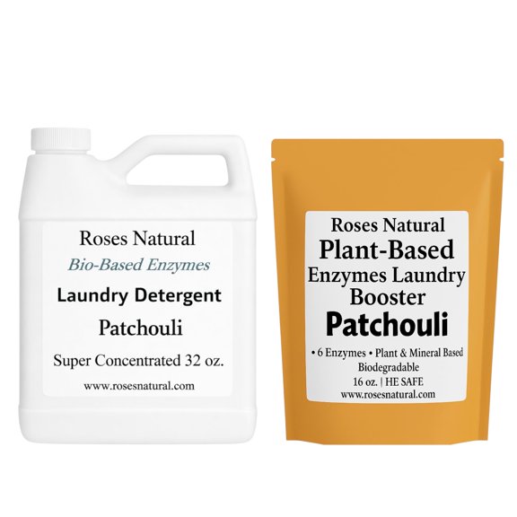 Bio-Based Enzymes Laundry System  Liquid Laundry Detergent (32 fl oz) + Enzyme Booster (16 oz) Bundle  Plant-Based, Low-Suds, HE Safe, Made in the USA (Patchouli)