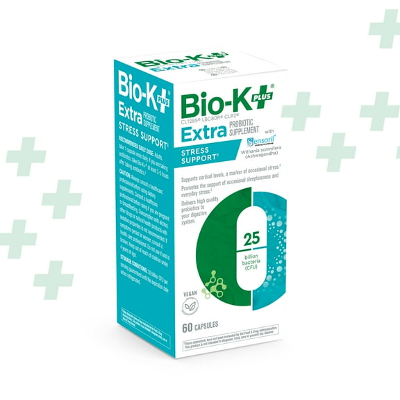 Bio-K+ Extra Stress Support Probiotic Capsules, Shelf Stable, 25 Billion CFU, 60 Count