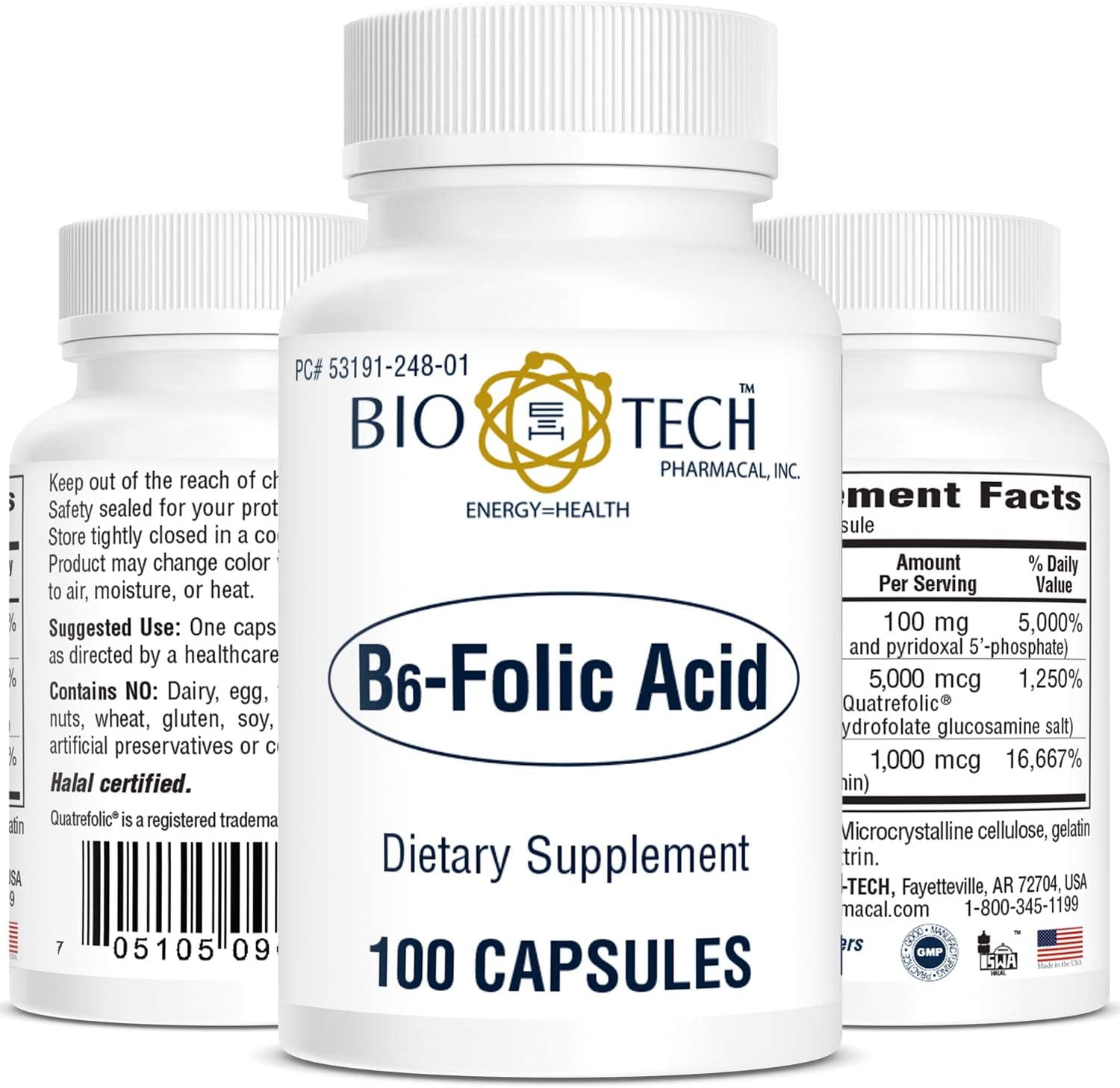 Bio-Tech Pharmacal B6-Folic Acid, 100 Capsules – All-Natural Supplement – Supports Cardiovascular, Bone, & Nervous System Health – No Dairy, Fish, Gluten, Peanut, Shellfish, Halal, & Soy – No