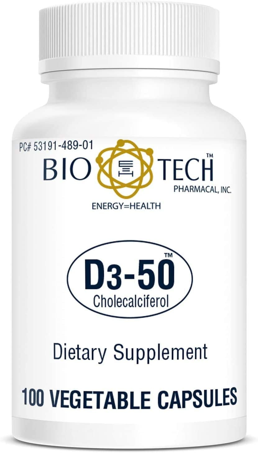 Bio-Tech Pharmacal D3-50 50,000 IU, 100 Vegetable Capsules – All-Natural Supplement – Supports Bone & Immune Health – No Dairy, Fish, Gluten, Peanut, Shellfish, & Soy
