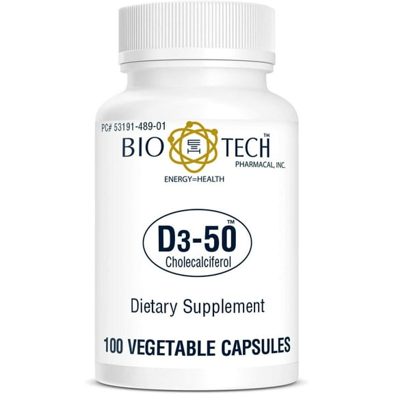 Bio-Tech Pharmacal D3-50 50,000 IU, 100 Vegetable Capsules All-Natural Supplement Supports Bone & Immune Health No Dairy, Fish, Gluten, Peanut, Shellfish, & Soy