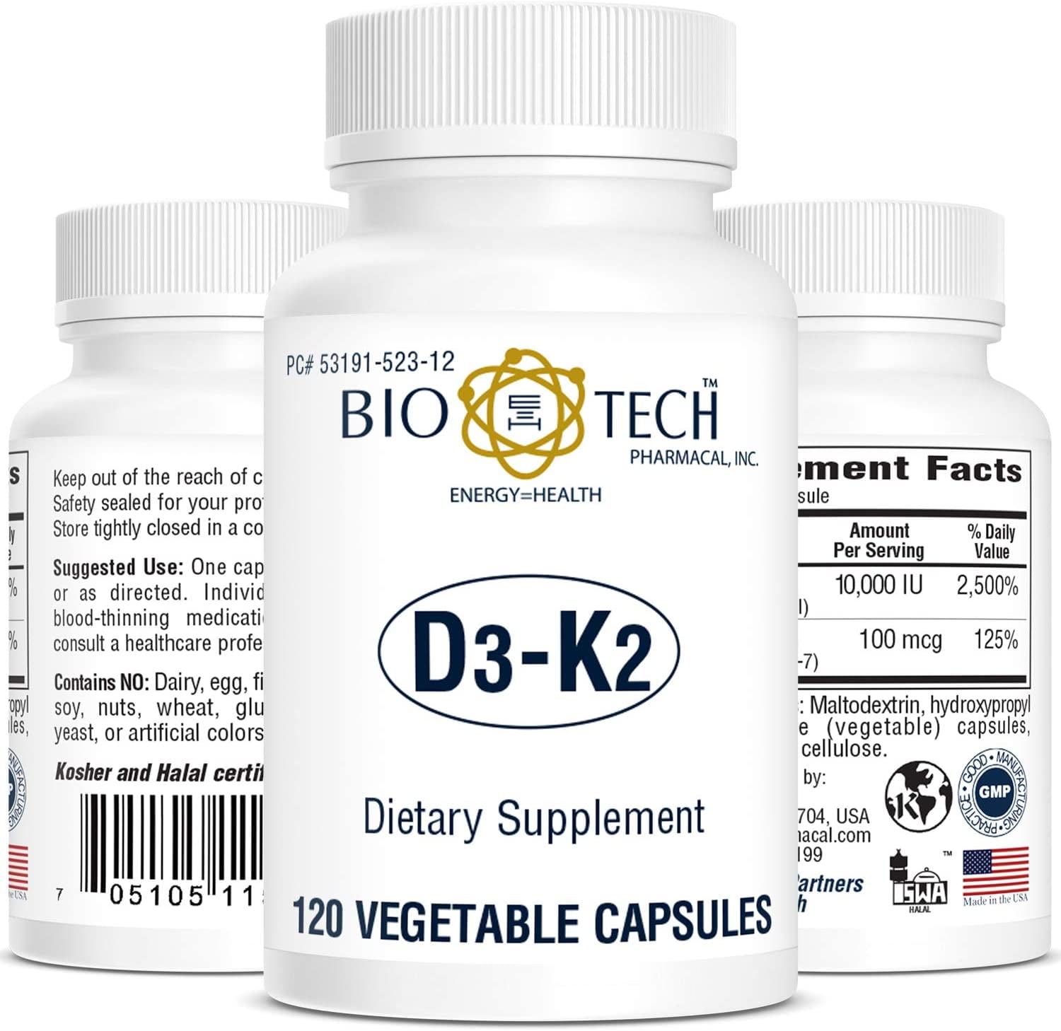 Bio-Tech Pharmacal D3-K2 (10,000 IU-K2), 120 Vegetable Capsules – All-Natural Supplement – Supports Skeletal & Immune Health – No Dairy, Fish, Gluten, Peanut, Shellfish, & Soy
