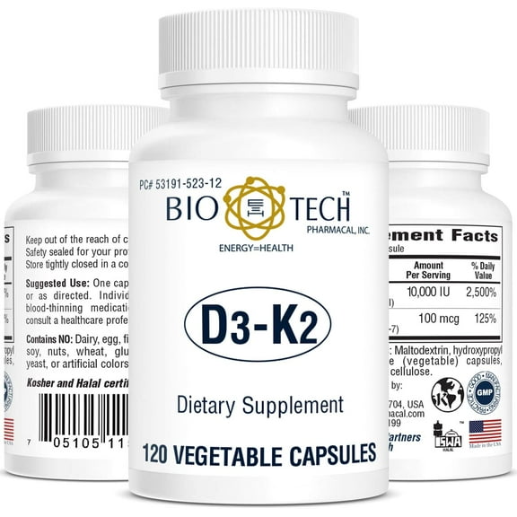 Bio-Tech Pharmacal D3-K2 (10,000 IU-K2), 120 Vegetable Capsules All-Natural Supplement Supports Skeletal & Immune Health No Dairy, Fish, Gluten, Peanut, Shellfish, & Soy