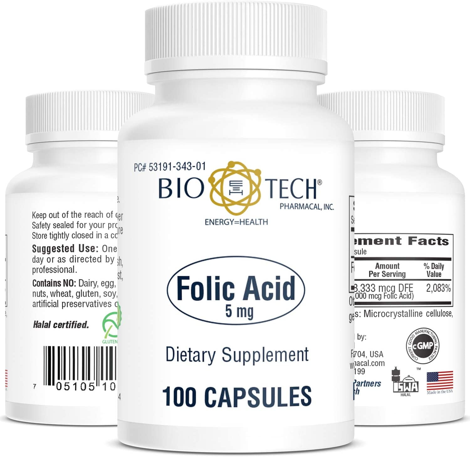Bio-Tech Pharmacal Folic Acid (5 mg), 100 Capsules All-Natural Supplement Supports Cardiovascular, Nervous System, & Prenatal Health No Dairy, Fish, Gluten, Peanut, Shellfish, GMOs, Halal, & Soy