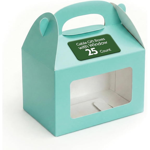 Bio Tek 8.5 x 4.8 5.5 Inch Gable Boxes For Party Favors, 25 Attractive Gift - Clear PET Window, With Built-In Handle, Turquoise Paper Barn Boxes, Disposable