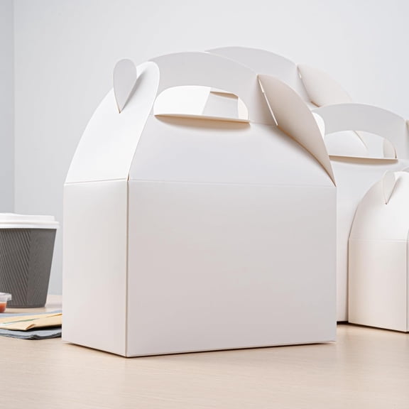 Bio Tek 8.5 x 4.8 x 5.5 Inch Gable Boxes For Party Favors, 100 Attractive Gift Boxes - With Built-In Handle, Greaseproof, White Paper Barn Boxes, For Special Events Or Parties