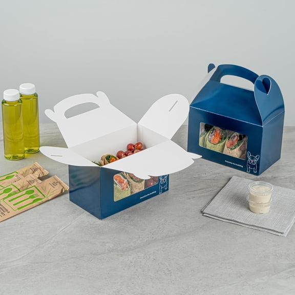Bio Tek 8.5 x 4.8 x 5.5 Inch Gable Boxes For Party Favors, 100 Attractive Gift Boxes - Frenchie The Bulldog Design,  PET Window, Blue Paper Barn Boxes, Built-In Handle