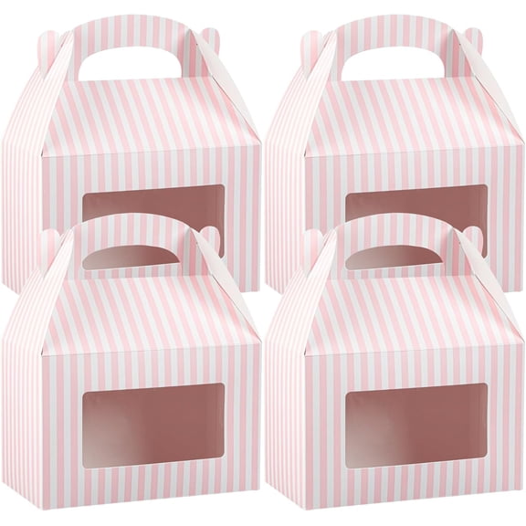 Bio Tek 8.5 x 4.8 x 5.5 Inch Gable Boxes For Party Favors, 25 Attractive Gift Boxes - Striped Design, With Clear PET Window, Pink And White Paper Barn Boxes, Built-In Handle