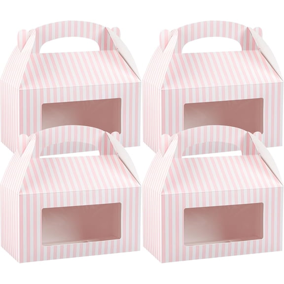 Bio Tek 9.5 x 5 x 5 Inch Gable Boxes For Party Favors, 25 Attractive Gift Boxes - Striped Pattern, Clear PET Window, Pink & White Paper Barn Boxes, With Built-In Handle