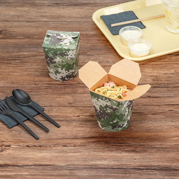 Bio Tek Camouflage Paper Noodle Takeout Boxes - 50 Count, 16oz Disposable Food Containers for Hot Cold Meals