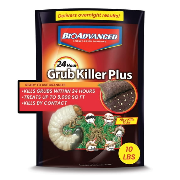 BioAdvanced 24-Hour Grub Plus for Lawns Ant, Tick, and Insect Killer, 10-Pounds, Ready-to-Spread Granules, Standup Bag