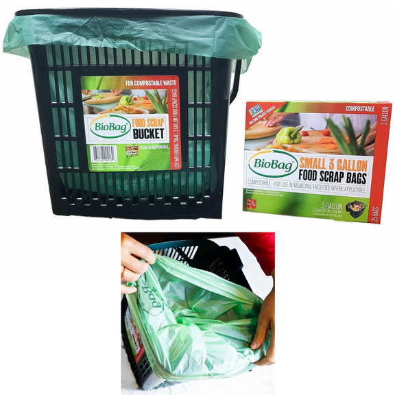 BioBag Kitchen Countertop Compost Bin Kit 3 Gallon Ventilated Bin + 25 Certified Compostable Bags, Dishwasher Safe, Eco-Friendly Food Scrap Collector for Home & Commercial Use