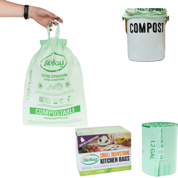 BioBag (Made In USA) The Original Compostable Food Scrap Bags, 100% Compostable Certified (1.2 Gallon With Drawstring/80 Count)
