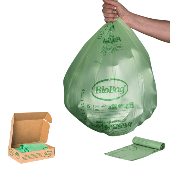 13 Gallon Tall Compostable Thick Trash Bags by BioBag, 30 Count, BPI Certified, Meets ASTM D6400 Standards, Strong Kitchen Bin Liners