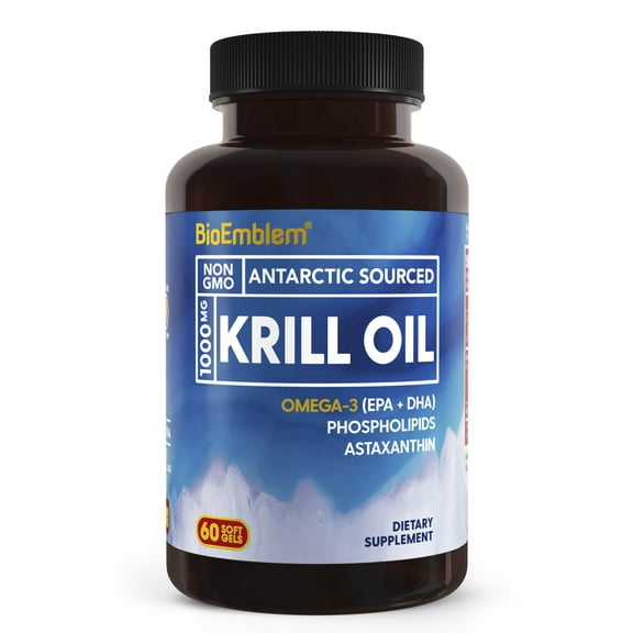 BioEmblem Antarctic Krill Oil Supplement | 1000mg | Omega-3 Oil with High Levels of EPA + DHA 60 Count