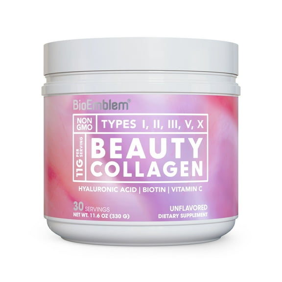 BioEmblem Beauty Collagen - 11G Hydrolyzed Multi-Collagen Peptides, Hyaluronic Acid, Vit. C & Biotin - Bovine, Fish & Eggshell Membrane Collagen - Skin, Hair, Nail, Joint & Bone Health - 30 Servings