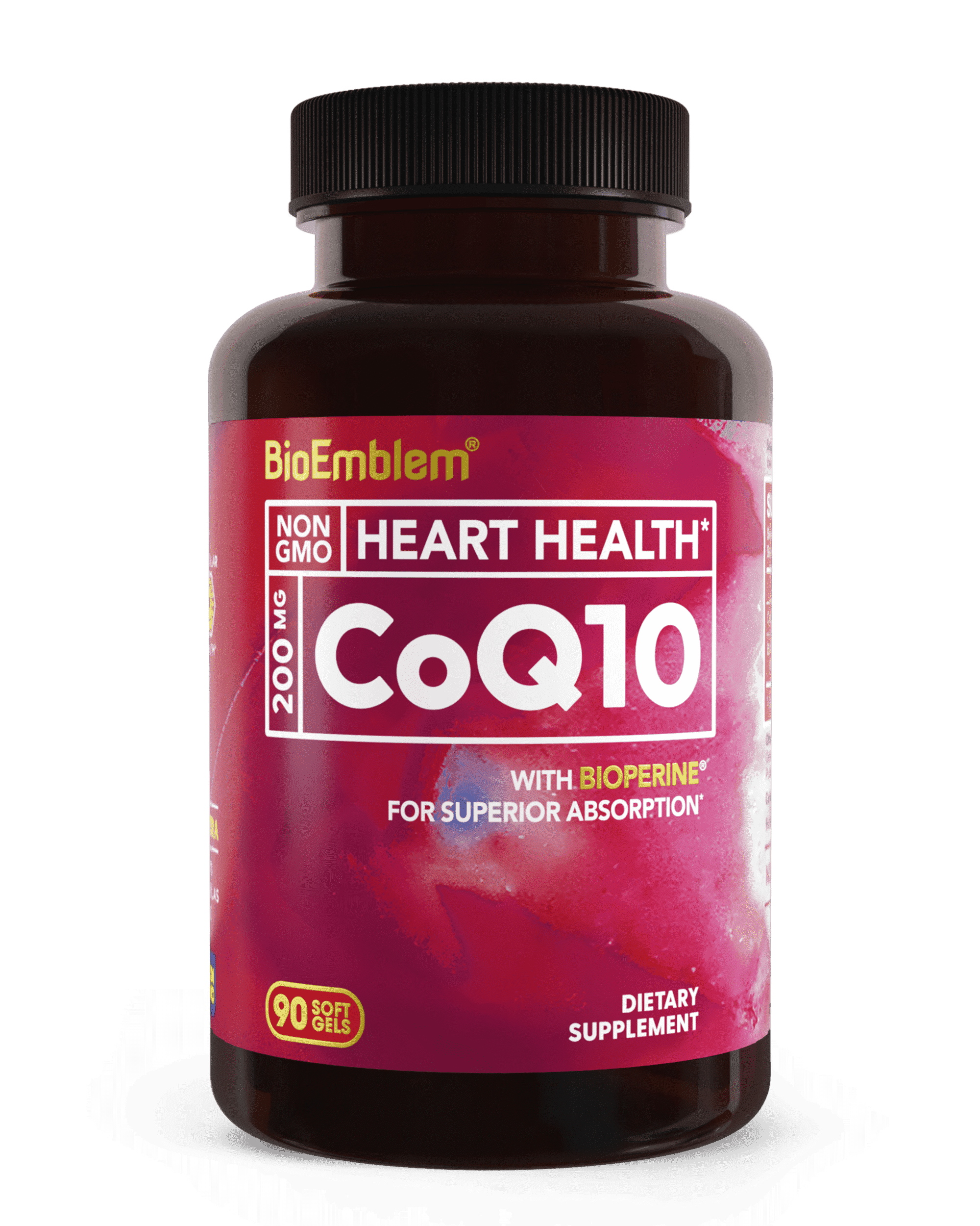 BioEmblem CoQ10 with BioPerine - 200mg Softgels, High Absorption - Coenzyme Q10 Antioxidant for Energy Production, Heart Health - Non-GMO CoQ10 Supplement Made In USA - 90 Count