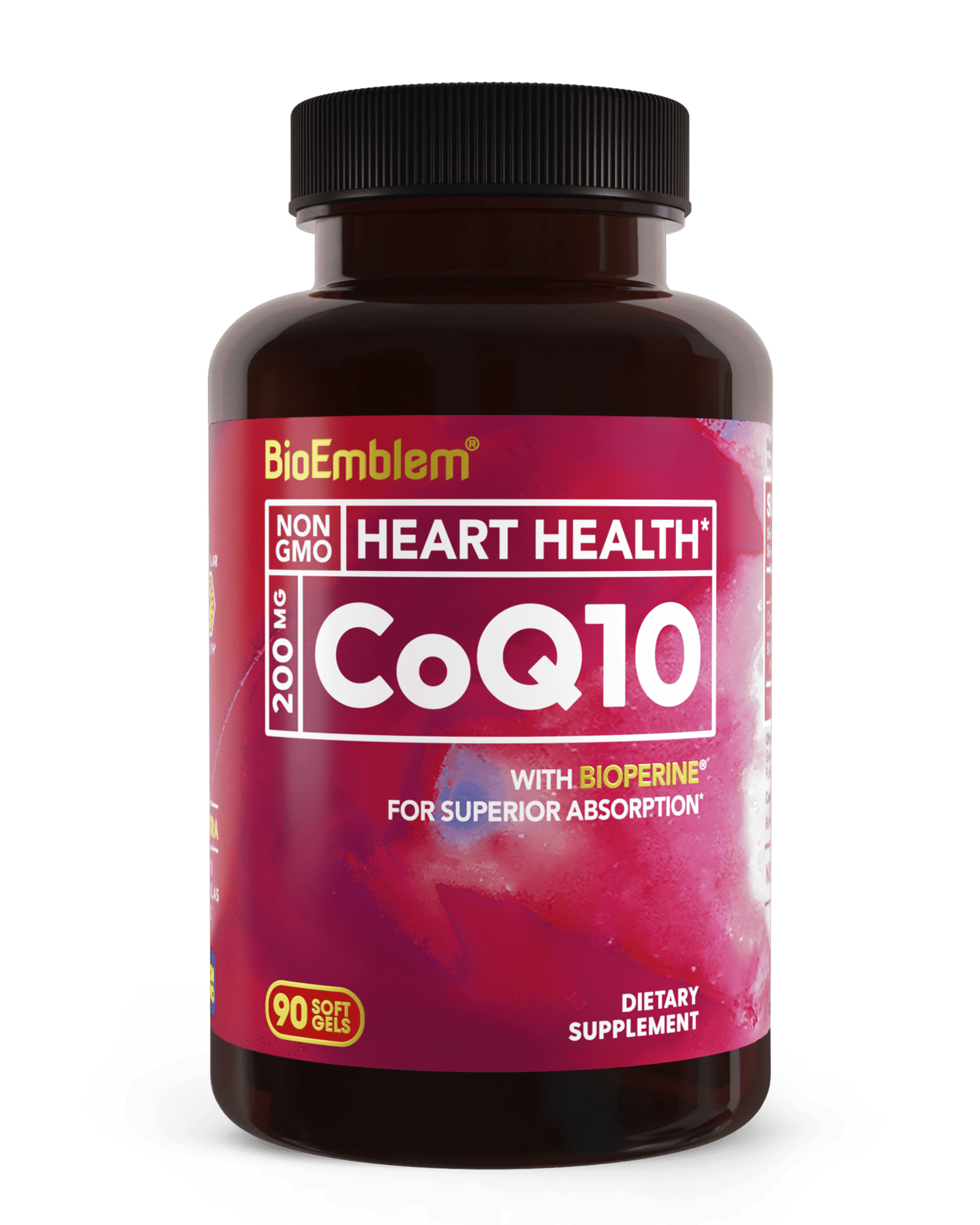 BioEmblem CoQ10 with BioPerine - 200mg Softgels, High Absorption - Coenzyme Q10 Antioxidant for Energy Production, Heart Health - Non-GMO CoQ10 Supplement Made In USA - 90 Count