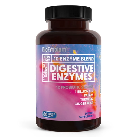 BioEmblem Digestive Enzymes - 10 Enzymes w/ 12 Strain 1 Billion CFU Probiotics for Nutrient Absorption & Digestive Support - Papaya, Bromelain & Papain to Help Bloating & Gas - Non-GMO - 60 Capsules