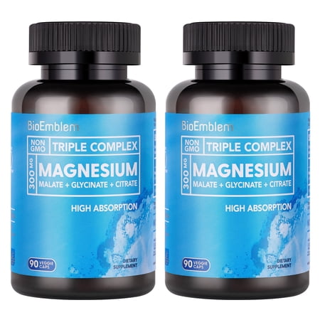 BioEmblem High Absorption Triple Magnesium Complex 300mg | Magnesium Glycinate for Nerves, Magnesium Malate for Energy, Magnesium Supplement to Support Muscle Health | Vegan, Non-GMO 180 Capsules