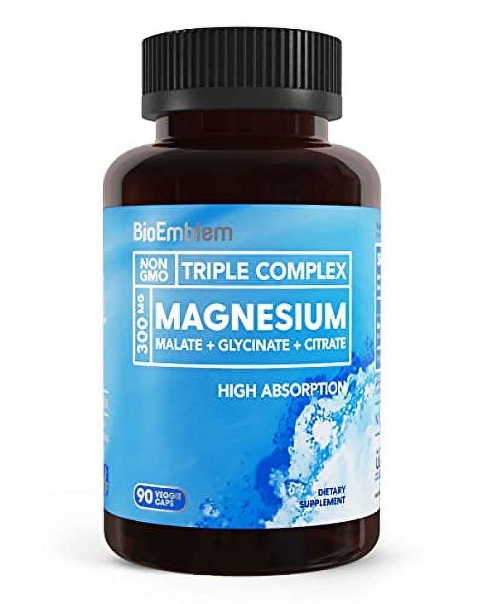 BioEmblem Triple Magnesium Complex | 300mg of Magnesium Glycinate, Malate, Citrate for Muscles, Nerves, Energy | High Absorption | Vegan, Non-GMO | 90 Capsules
