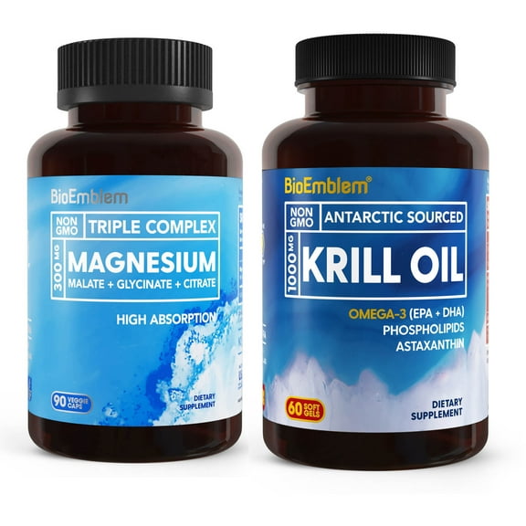 BioEmblem Triple Magnesium Glycinate, Malate, Citrate and Antarctic Krill Oil, Supports Sleep and Brain Health, Heart and Joint Health, Cardiovascular Health