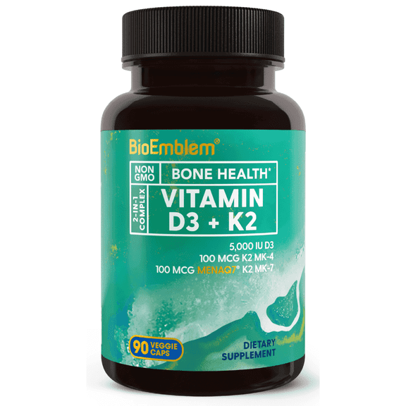 BioEmblem Vitamin D3 K2 5000IU with Patented MK7/MK4, 3-in-1 Support for Bones, Heart & Immunity