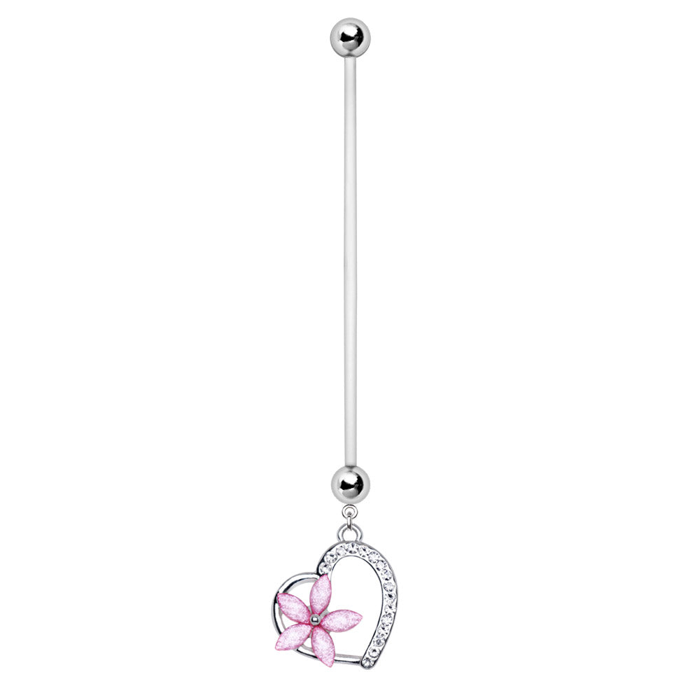 BioFlex Pregnancy Navel Ring with Pink Flower on Heart Dangle