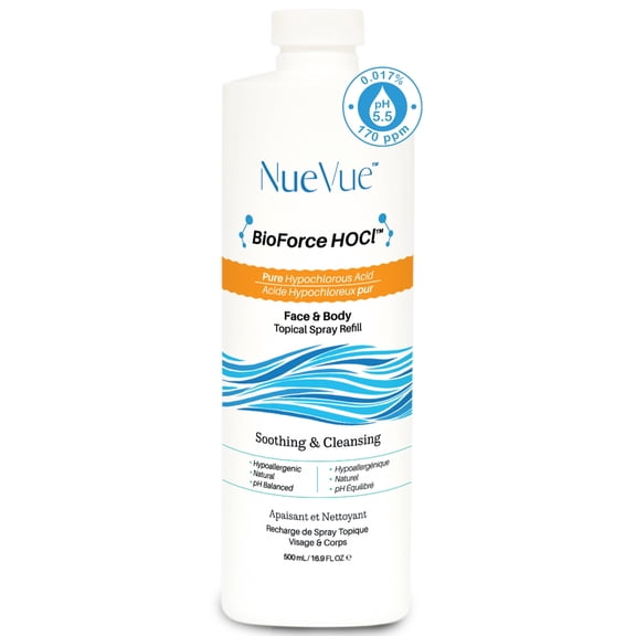 BioForce HOCl Pure Hypochlorous Acid Spray Refill for Face & Body (16.9 Oz) - Acne-Prone Skin & Eczema, Piercing aftercare, Made in Canada, Gentle Skin Cleanser & Toner, pH Balanced, Non-comedogenic