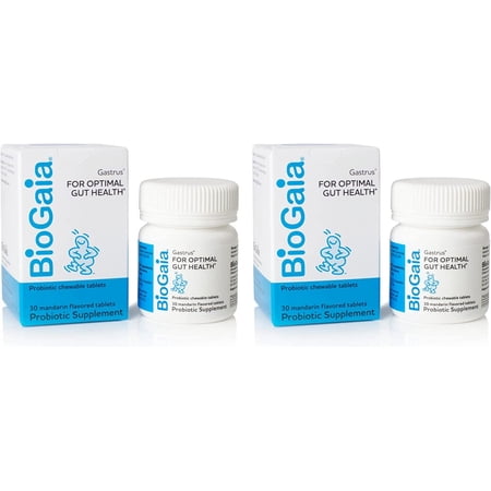 BioGaia Gastrus Chewable Tablets, Adult Probiotic Supplement for Stomach Discomfort, Constipation, Gas, Bloating, Regularity, Non-GMO, 30 Tablets, 2 Pack