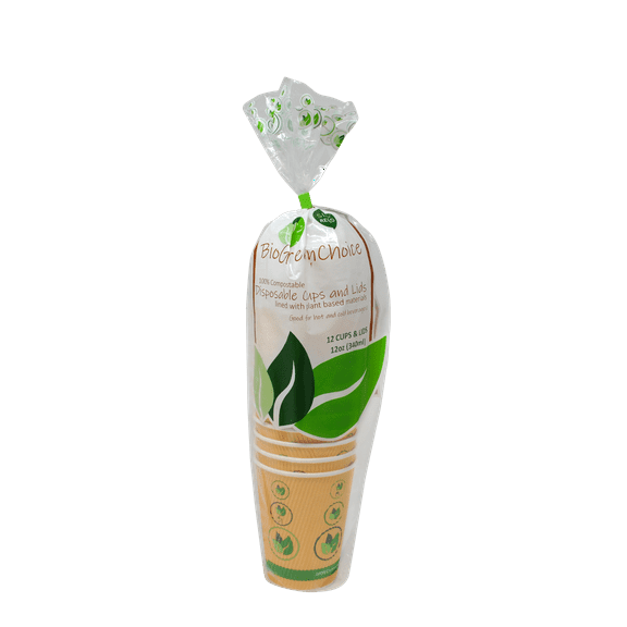 BioGreenChoice 12 oz. Compostable Eco-friendly Biodegradable Hot Cup with Bio Lining[144 Count], Ripple Wall Insulated Disposable Coffee cups(No sleeves needed), Leak-Proof & Microwave Safe Paper cups