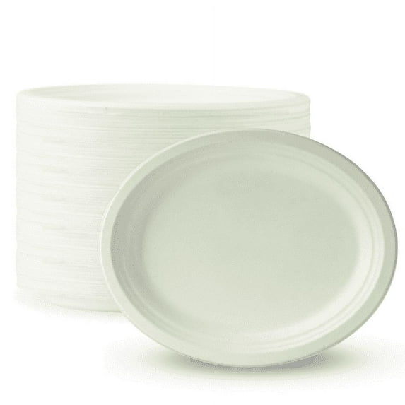 BioGreenChoice Eco-Friendly White 12 5/8in. x 10 in. PFAS-FREE Fiber-Molded/Bagasse Disposable Platter (500 count), Heavy Duty Paper Platter- Microwave safe