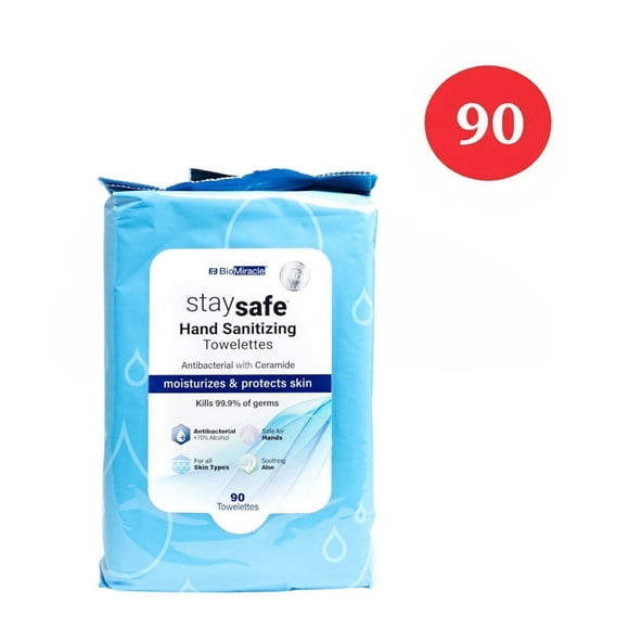 BioMiracle Stay Safe All Purpose Cleansing Hand Sanitizing Wipes with Alcohol, Unscented, 90 Pack