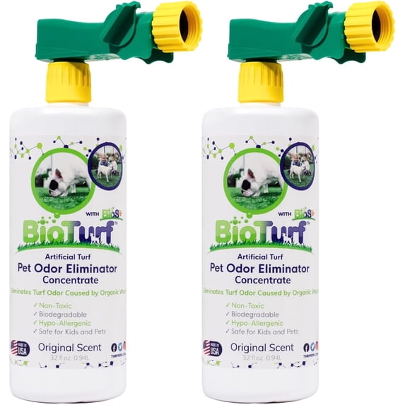 BioS+ Turf Cleaner for Pet Urine Outdoor – Artificial Turf Cleaner Deodorizer Concentrate – Fake Grass & Yard Deodorizer for Dog Urine & Feces – Enzyme Kennel Odor Eliminator 32oz 2pk