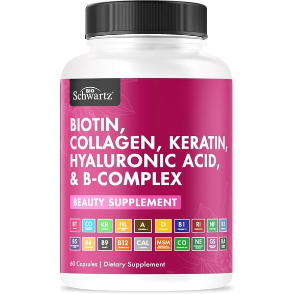 BioSchwartz 20-In-1 Biotin Complex, Biotin, Collagen, Keratin, Hyaluronic Acid, and B-Complex, 60 Ct