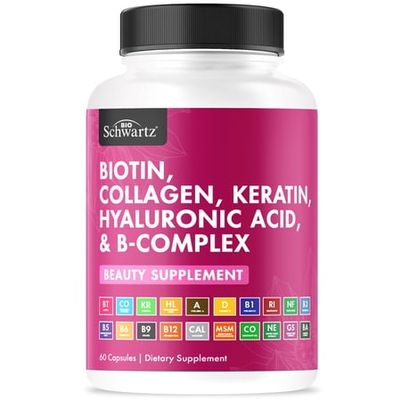 BioSchwartz Biotin Collagen Keratin Supplement with Hyaluronic Acid & B-Complex Vitamins, 10,000 mcg Biotin, Non-GMO, 60 Capsules