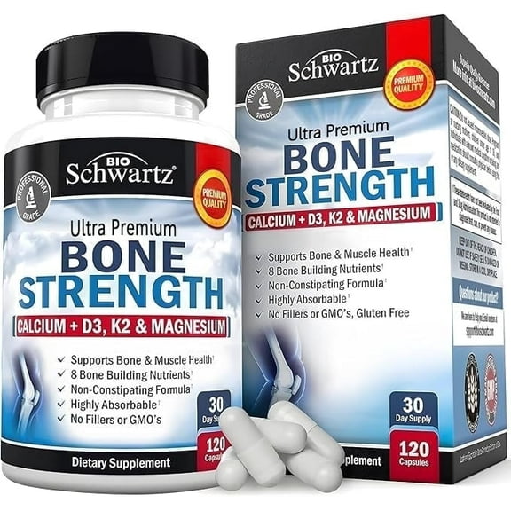 BioSchwartz Bone Strength Supplement with Calcium + D3, K2 & Magnesium for Women and Men - 120ct
