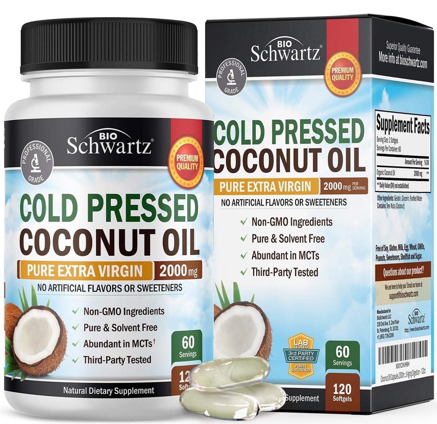BioSchwartz Coconut Oil Pills - Dietary Supplement for Skin, Nails, Hair Growth | 120 Count