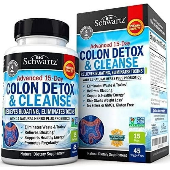 BioSchwartz Advanced 15-Day Colon Cleanse Detox Capsules with 11 Herbs and Probiotics for Gut Health, 45 Count