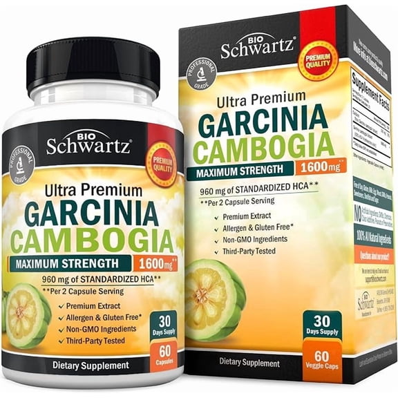 BioSchwartz Garcinia Cambogia Capsules 1600mg with 960mg HCA, Potassium & Calcium, 60 Count