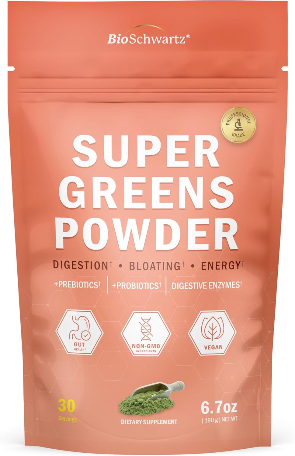 BioSchwartz Super Greens Powder with Probiotics, Prebiotics & Digestive Enzymes, 43 Green Superfoods Including Spirulina & Chlorella, 30 Servings