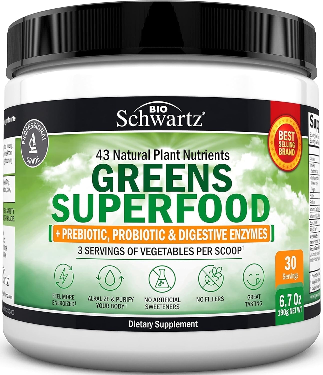 BioSchwartz Super Greens Powder with Probiotics, Prebiotics, and Digestive Enzymes, 6.7 oz