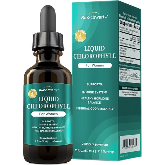 BioSchwartz Liquid Chlorophyll for Women - with Copper for Immune Support, Skin Health and Internal Deodorizer - Liquid Chlorophyll Supplement Drops for Women - Third Party Tested, 118 Servings