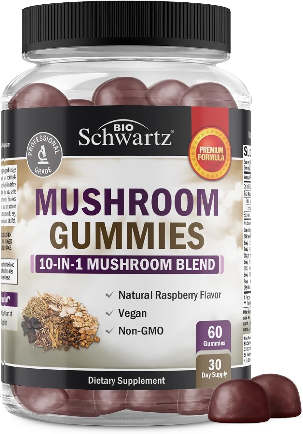 BioSchwartz 10-in-1 Mushroom Gummies, Mood and Focus Supplement for Adults, Raspberry, 60 Count