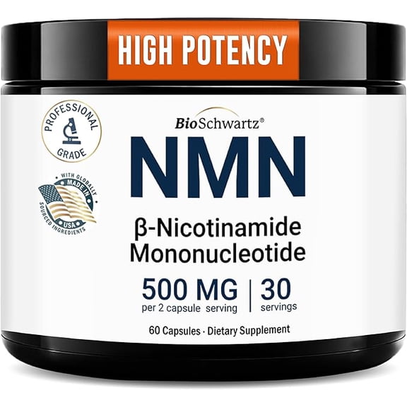 BioSchwartz NMN Supplement - 500mg Nicotinamide Mononucleotide - 30 Servings, 60 Capsules - Made in The USA with Premium Globally Sourced Ingredients, Third-Party Tested, Gluten-Free NMN Supplement