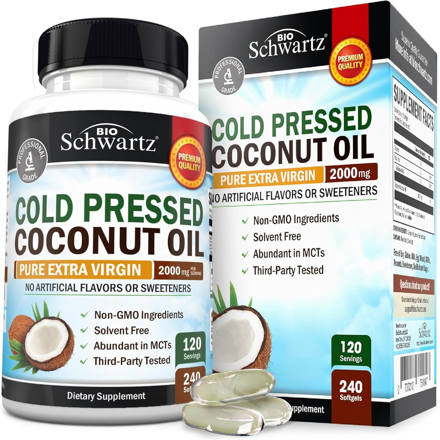 BioSchwartz Organic Coconut Oil Softgels, MCT Oil Supplement, 2000 mg, 240 Count