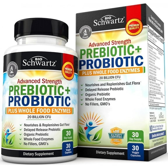 BioSchwartz Advanced Prebiotics & Probiotic Supplement Capsules for Gut Health, Digestive Support - 30 Count