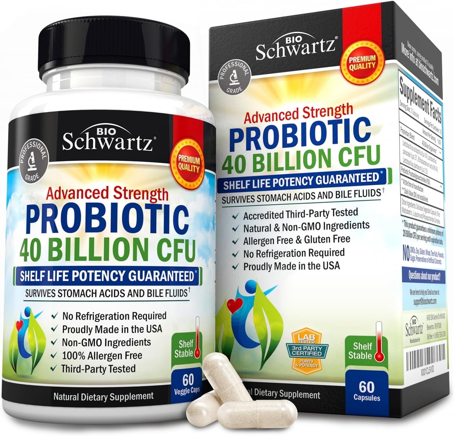 BioSchwartz Probiotic 40 Billion CFU - Probiotics Prebiotics, Lactobacillus Acidophilus, Astragalus for Gut Health, Digestive Relief - Shelf Stable Supplement, 60 Count