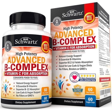 BioSchwartz Advanced Vitamin B Complex with Vitamin C for Energy Support, 60 Capsules
