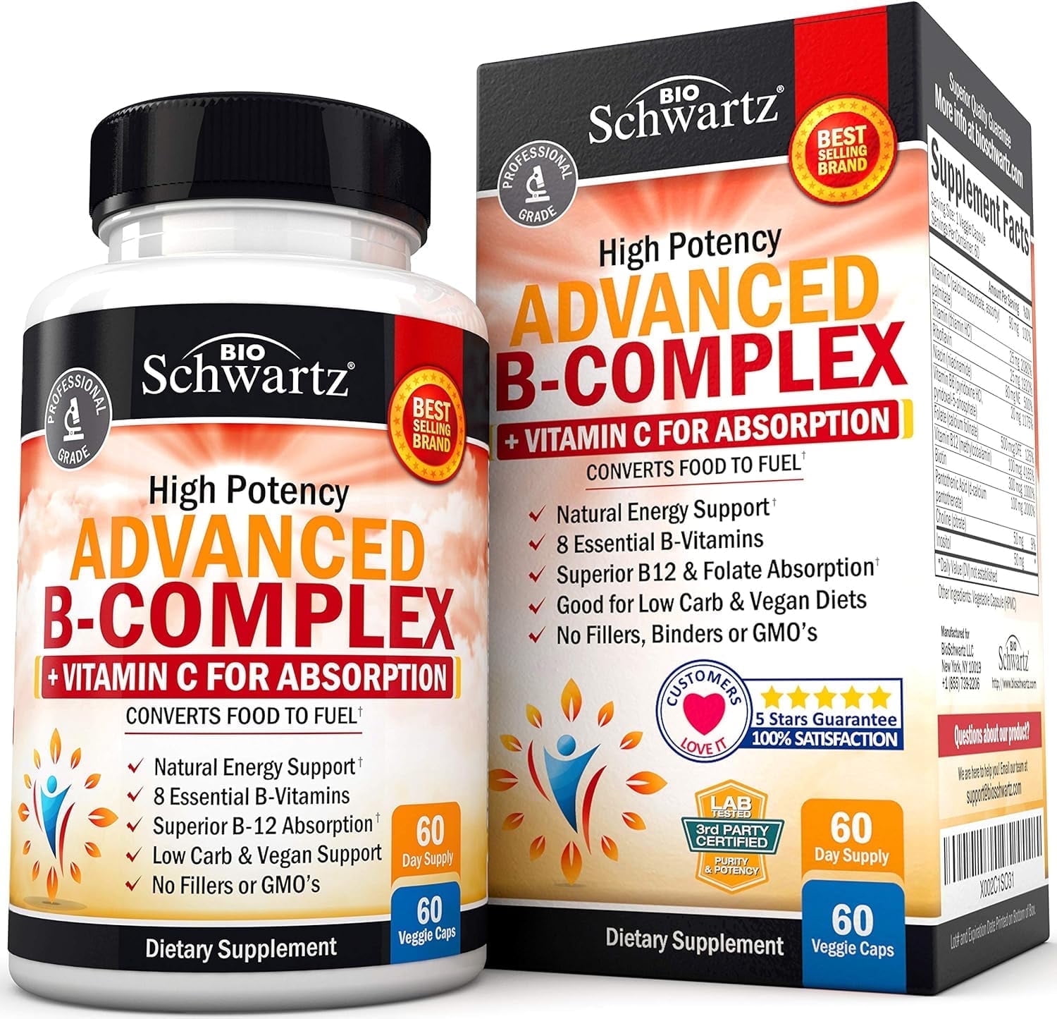 BioSchwartz B-Complex with Vitamin C Capsules - Immunity Support, 60 Count